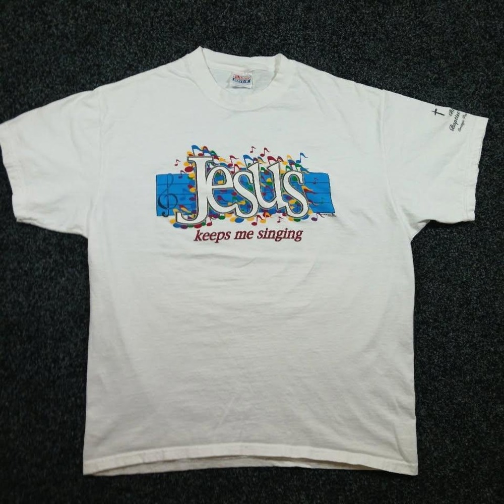 Hanes Beefy-T Mens White Jesus Keeps Me Singing Vintage Graphic T-Shirt Large